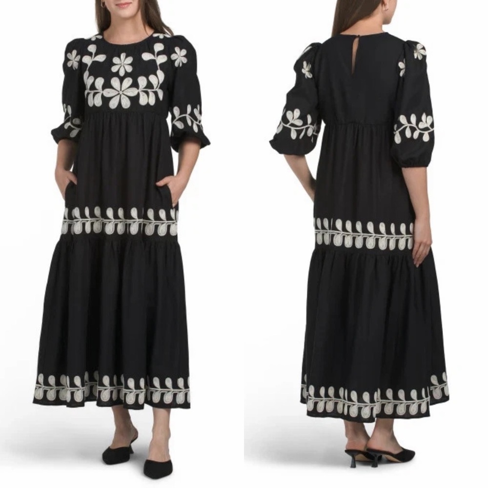 Caroline Constas Linen Blend Puff Sleeve Embroidered Maxi Dress (Size Small)
